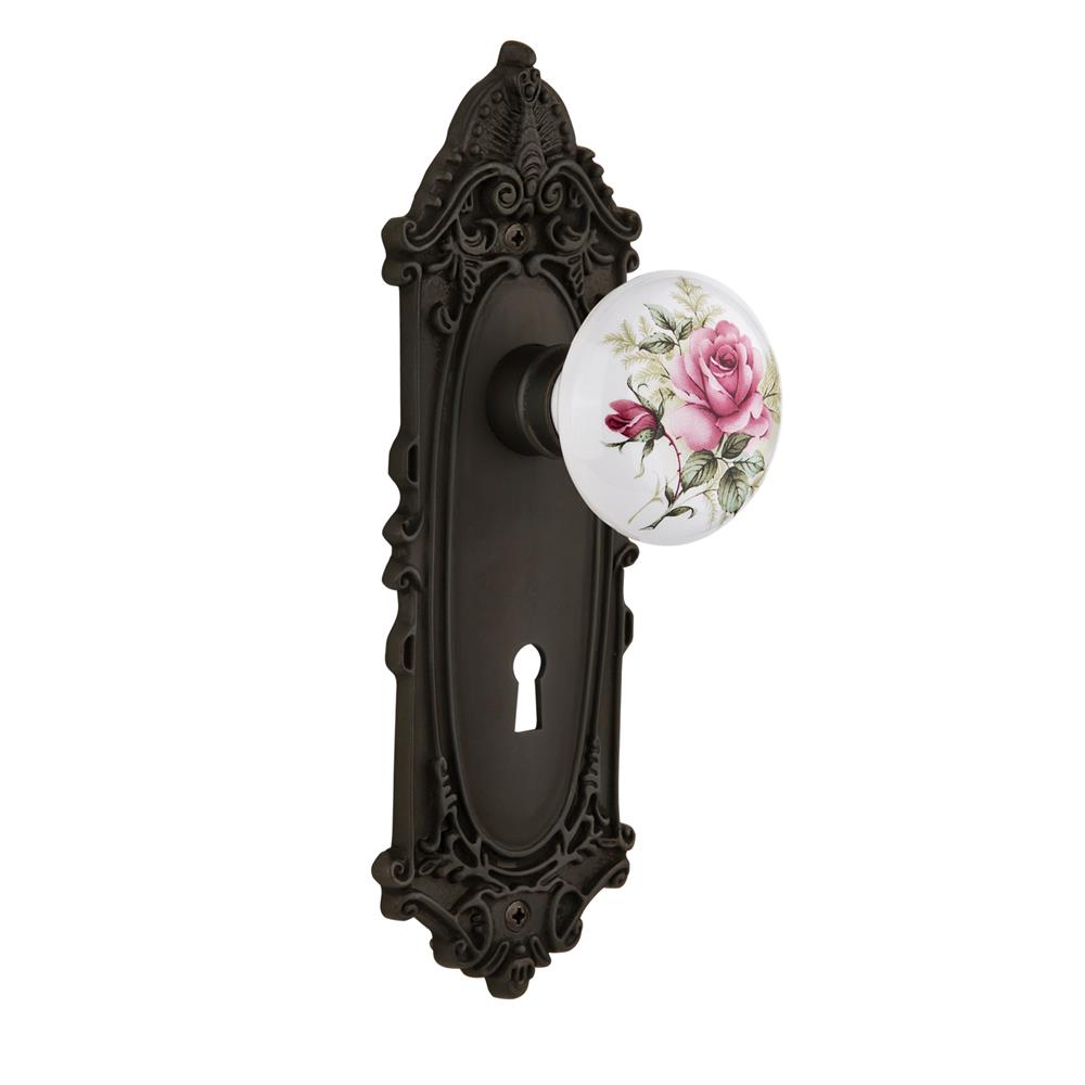 Nostalgic Warehouse VICROS Mortise Victorian Plate with Rose Porcelain Knob with keyhole in Oil Rubbed Bronze